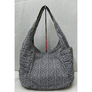 Tory Burch Black & White Stripe Cotton Pockets Large Hobo Shoulder Bag